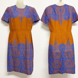 Jonathan Saunders Resort Womens Orange Blue Geometric Lattace Sheath Dress Sz 40